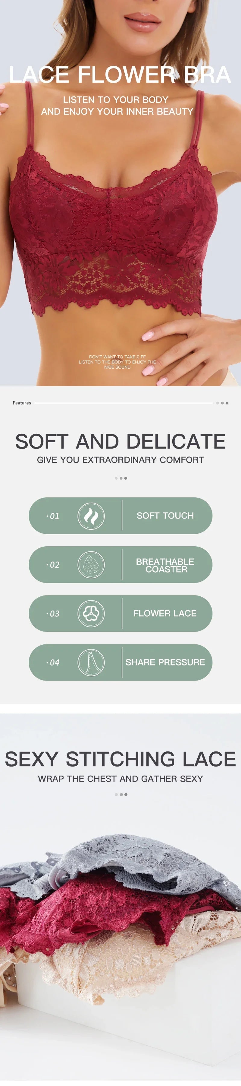 Sujetador de encaje Top Bralette cómodo Color sólido