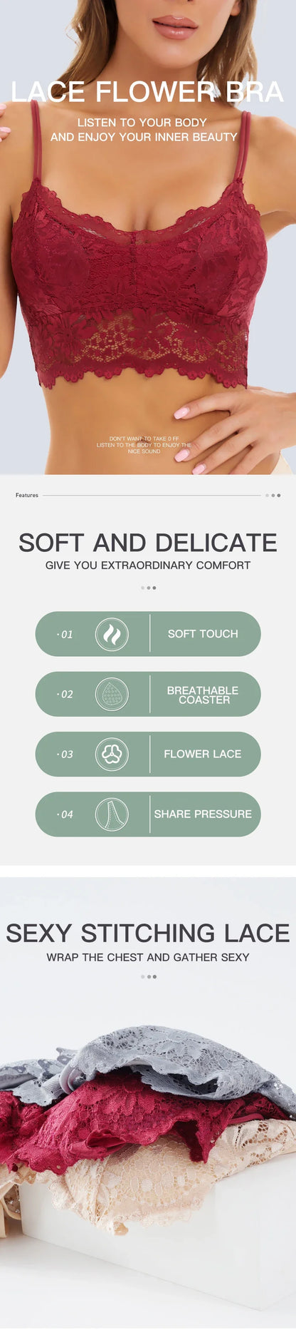 Sujetador de encaje Top Bralette cómodo Color sólido